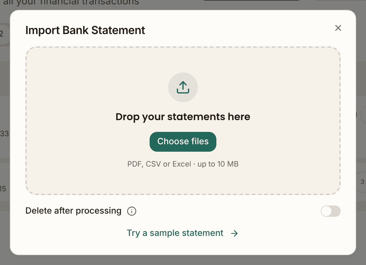 The Import Bank Statement window in MFFT's demo: one drop zone that says Drop your statements here with a Choose files button and the line PDF, CSV or Excel up to 10 MB, a Delete after processing switch, and a Try a sample statement link