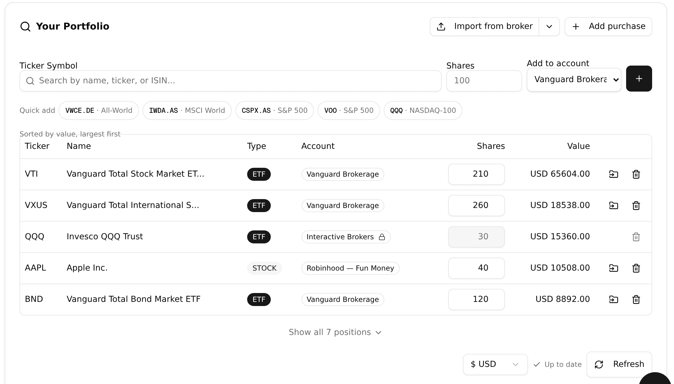 The Your Portfolio card in MFFT showing the Import from broker and Add purchase buttons, an Add to account picker, quick-add chips for VWCE.DE, IWDA.AS and CSPX.AS, and a holdings table where each row carries its own account chip, a move icon and a delete icon