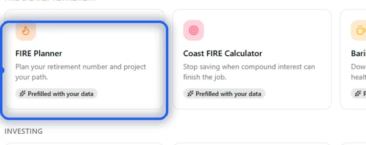 MFFT financial calculators hub with FIRE, rent-vs-buy and net-worth-percentile tools, each prefilled with your data