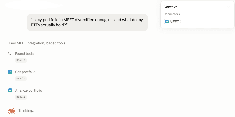 An AI assistant answering the portfolio question above: it loads the My Financial Freedom Tracker connector and runs its Get portfolio and Analyze portfolio tools.