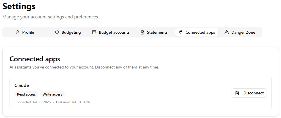 The Connected apps tab in My Financial Freedom Tracker settings, showing the connected Claude app with its read and write access and a Disconnect button.
